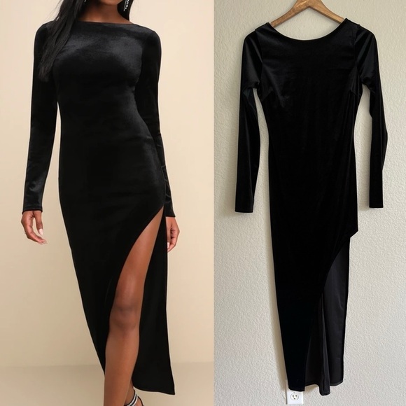 NWOT Dreaming About You Black Velvet Long Sleeve Maxi Dress - Picture 1 of 8